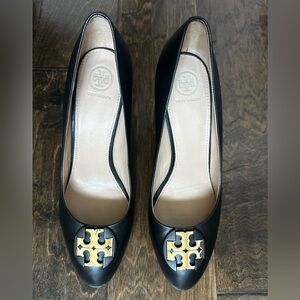 Tory Burch Black Leather Luna Slip On Wedge Heel Pumps Black Women's Size 10